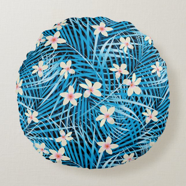 Palm Leaves Blue Pattern Round Cushion (Front)