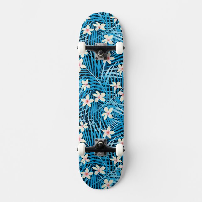 Palm Leaves Blue Pattern Skateboard (Front)