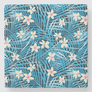 Palm Leaves Blue Pattern Stone Coaster