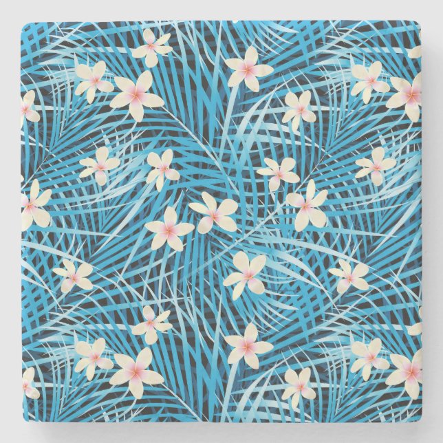 Palm Leaves Blue Pattern Stone Coaster (Front)