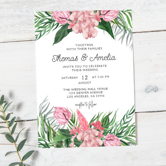 Palm Leaves Blush Floral | Modern Tropical Wedding Invitation (Creator Uploaded)
