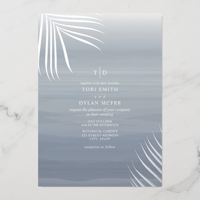 Palm Leaves Chambray Watercolor Beach Wedding (Front)