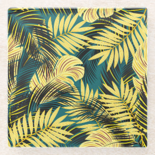 Palm Leaves: Dark Vintage Tropical Glass Coaster