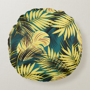Palm Leaves: Dark Vintage Tropical Round Cushion