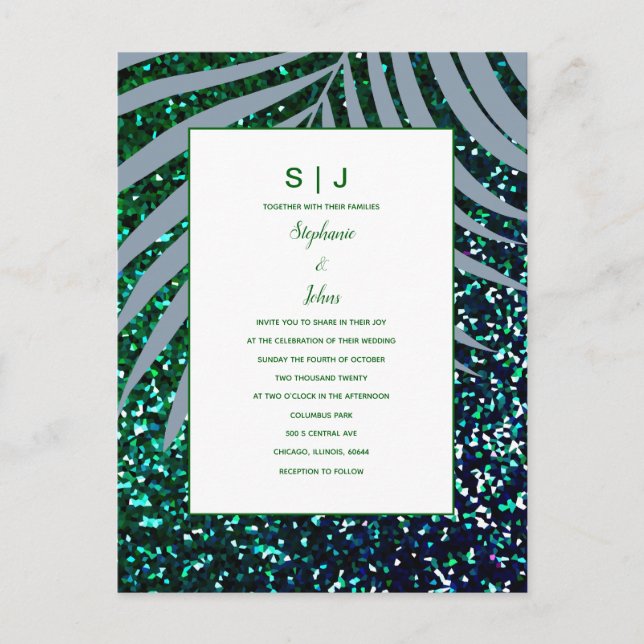 Palm Leaves Dusty Blue Green Glitter Wedding Invitation Postcard (Front)