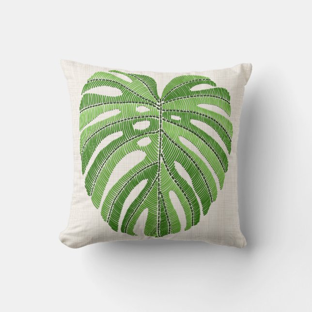Palm leaves embroidered. Green Tropical Monstera l Cushion (Front)