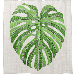Palm leaves embroidered. Green Tropical Monstera l Shower Curtain
