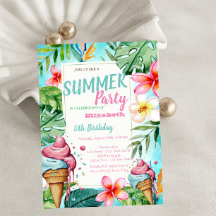 Palm Leaves Flowers,Ice cream Birthday Invitation