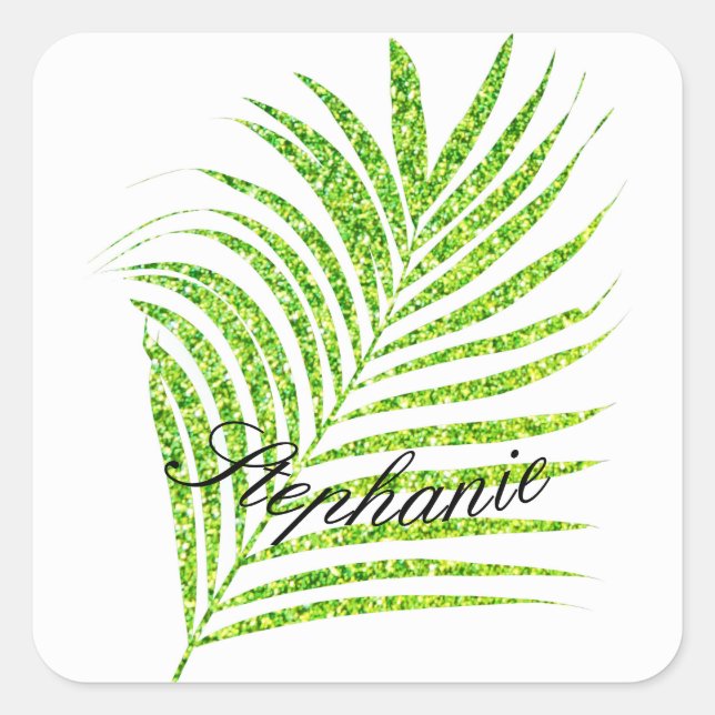 Palm Leaves Glittery Green Custom Name Cute Square Sticker (Front)