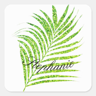 Palm Leaves Glittery Green Custom Name Cute Square Sticker