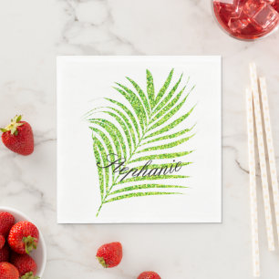 Palm Leaves Glittery Green Custom Name Pretty Napkin