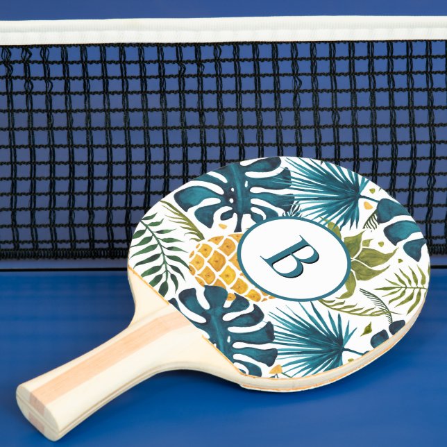 Palm leaves gold pineapple monogram ping pong paddle (Insitu)
