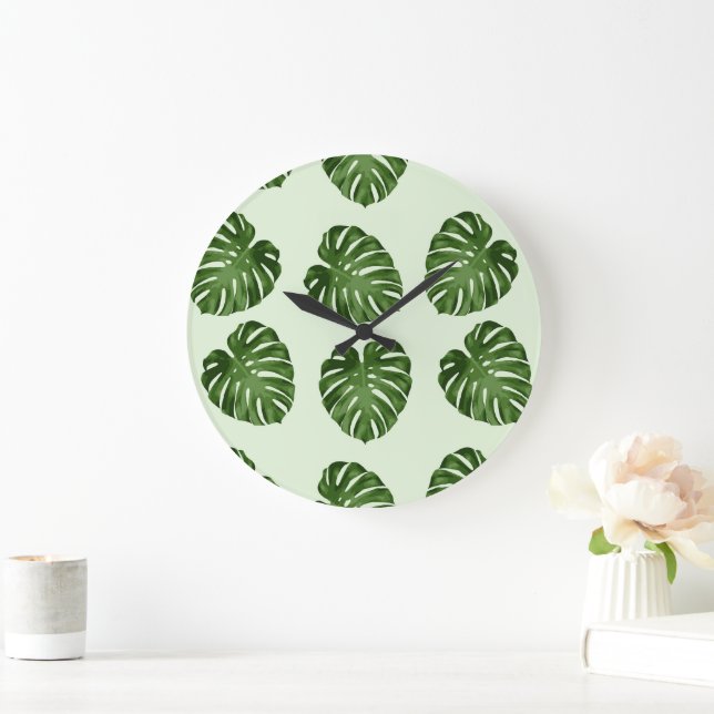 Palm Leaves, Green Leaves, Tropical Pattern Large Clock (Home)