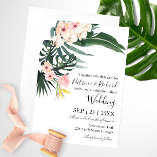 Palm Leaves Hibiscus Tropical Elegant Wedding Invitation