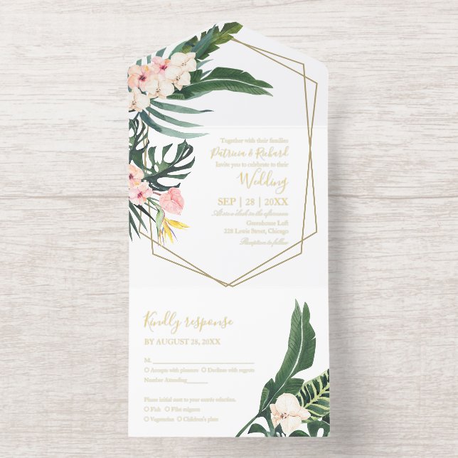 Palm Leaves Hibiscus Tropical Geometric Wedding All In One Invitation (Inside)