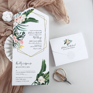 Palm Leaves Hibiscus Tropical Geometric Wedding All In One Invitation