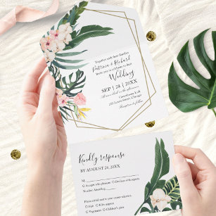 Palm Leaves Hibiscus Tropical Geometric Wedding All In One Invitation