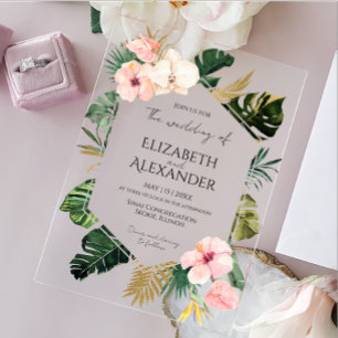 Palm Leaves Hibiscus Tropical Greenery Wedding Acrylic Invitations