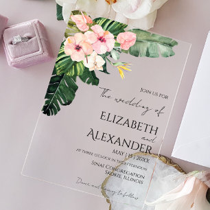 Palm Leaves Hibiscus Tropical Greenery Wedding Acrylic Invitations