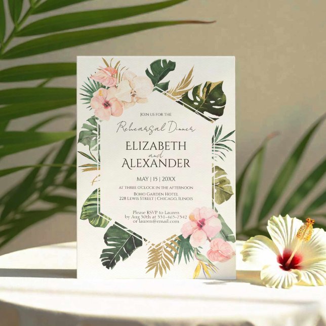 Palm Leaves Hibiscus Tropical Rehearsal Dinner Invitation (Creator Uploaded)