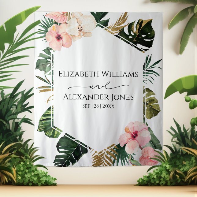 Palm Leaves Hibiscus Tropical Wedding Backdrop Tapestry (Creator Uploaded)