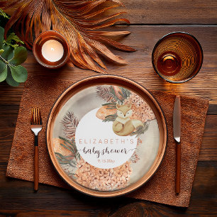 Palm Leaves Hydrangea Blooms Fox Girl Baby Shower  Paper Plate