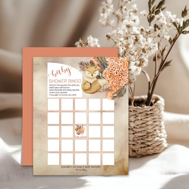 Palm Leaves |Hydrangeas Fox Baby Shower Bingo Card (Boho Palm Leaves and Hydrangeas Sleeping Fox Baby Shower Bingo Card)