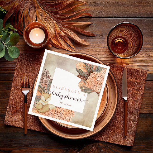 Palm Leaves Hydrangeas Fox Girl Baby Shower Napkin (Boho Palm Leaves and Hydrangeas Sleeping Fox Girl Baby Shower Paper Napkins)