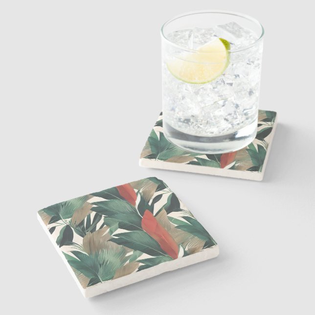 Palm leaves in muted tones  stone coaster (Side)