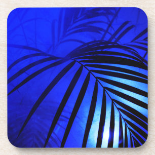 Palm leaves in the moonlight modern tropical blue coaster