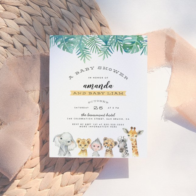 Palm Leaves & Jungle Animals Modern Baby Shower Invitation Postcard (Creator Uploaded)