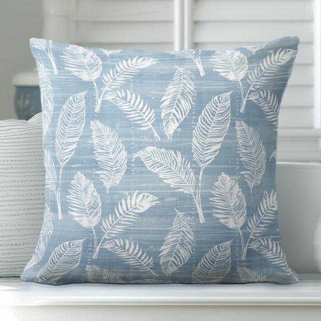 Palm Leaves Light Blue and White Throw Pillow (Creator Uploaded)