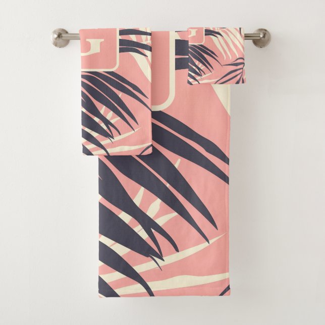 palm leaves light pink personalised monogram  bath towel set (Insitu)
