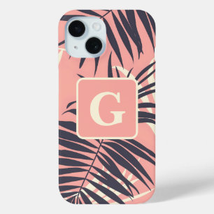 palm leaves light pink personalised monogram iPhone 15 case