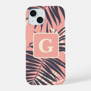 palm leaves light pink personalised monogram iPhone 15 case