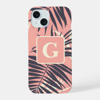 palm leaves light pink personalised monogram  iPhone 15 case