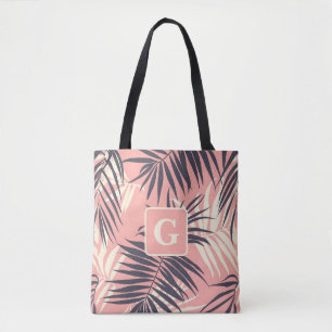 palm leaves light pink personalised monogram  tote bag