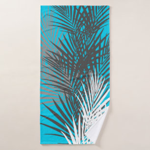 Palm leaves, modern, teal, grey, white bath towel set