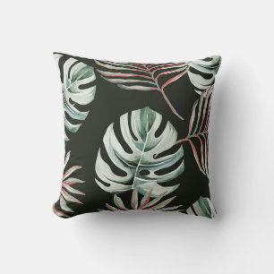 Palm leaves, monstera: tropical watercolor. cushion