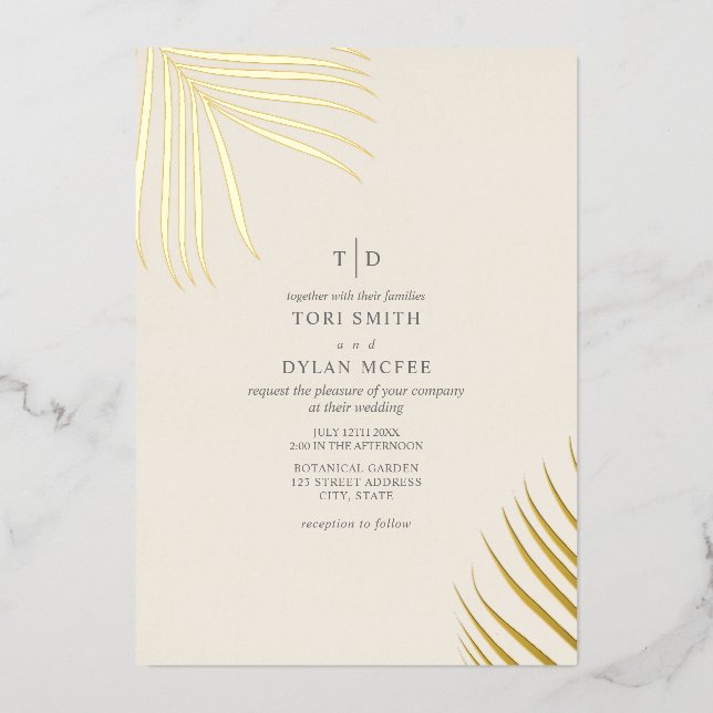 Palm Leaves Off White Cream Foil Invitation (Front)