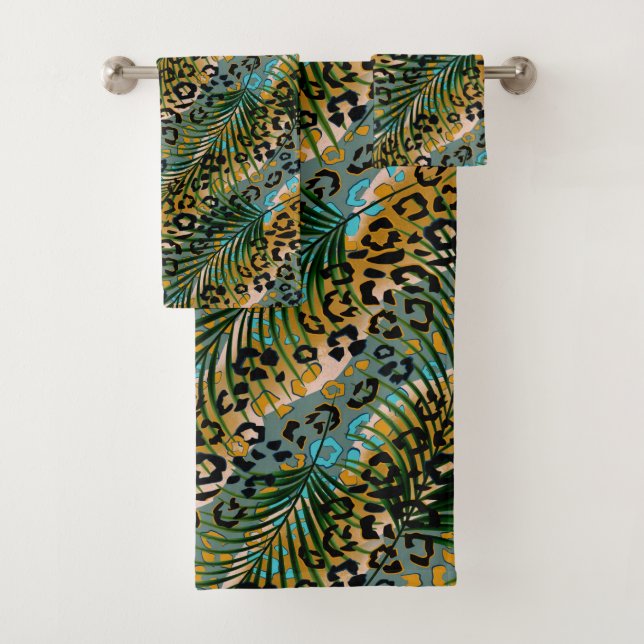 Palm leaves on a leopard background. bath towel set (Insitu)