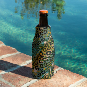 Palm leaves on a leopard background. bottle cooler