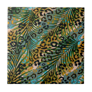 Palm leaves on a leopard background.  ceramic tile