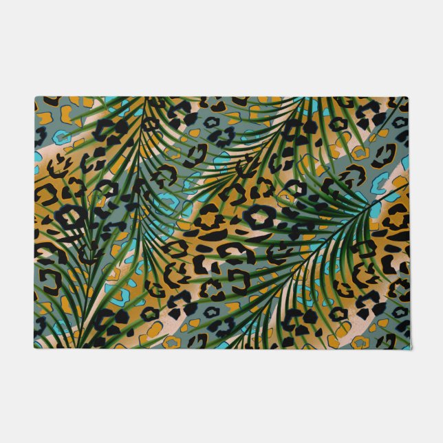 Palm leaves on a leopard background. doormat (Front)