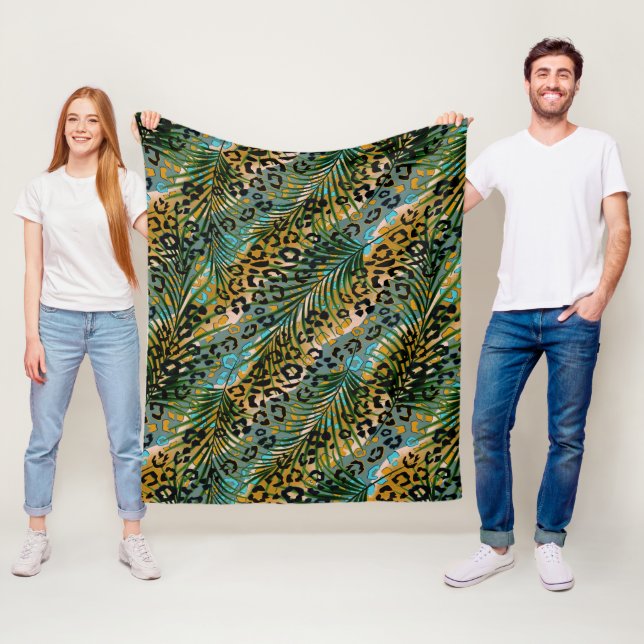 Palm leaves on a leopard background. fleece blanket (In Situ)