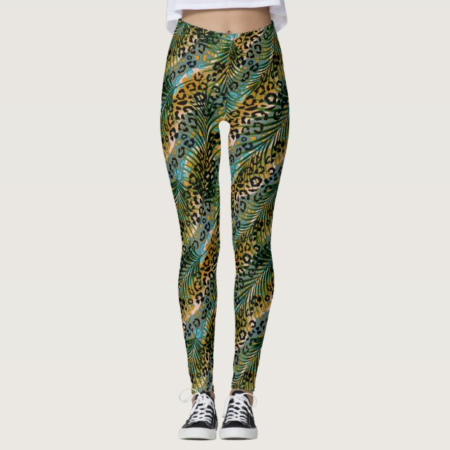 Palm leaves on a leopard background.  leggings (Front)