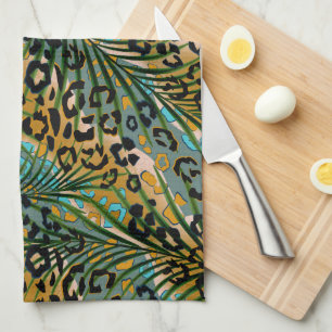 Palm leaves on a leopard background. tea towel