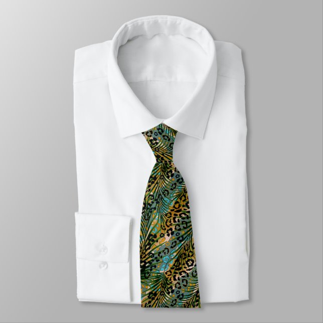 Palm leaves on a leopard background. tie (Tied)