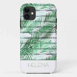 Palm leaves on a striped black and white backgroun iPhone 11 case