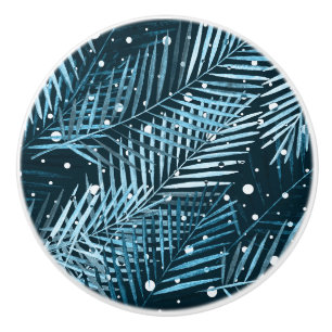 Palm leaves on blue with white polka dots. ceramic knob
